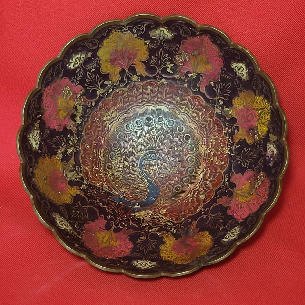 Vintage Solid Brass Enameled Footed Hand Painted Peacock Trinket Dish